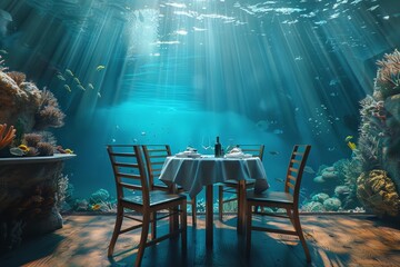 Wall Mural - Underwater Restaurant, Blue Undersea View Dining, Hotel Underwater Dinner, Copy Space