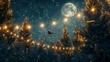 Against the backdrop of a starry night sky, yellow Christmas string lights flicker and dance above a forest of evergreen trees.

