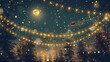 Against the backdrop of a starry night sky, yellow Christmas string lights flicker and dance above a forest of evergreen trees.

