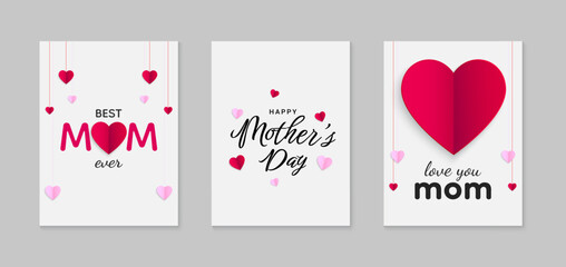 Wall Mural - Set of Mother's Day greeting cards with red and pink hearts paper cut elements. Vector illustration