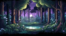Cartoon Night Forest With Magical Trees And A Lake