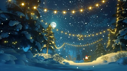 Amidst a winter wonderland, yellow Christmas string lights twinkle like stars above snow-covered trees.

