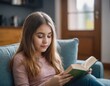 © orelphoto - A young girl is reading a book on a couch. She is wearing a white sweater and has long brown hair.
