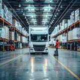 Fototapeta Do akwarium - busy atmosphere of a large, clean, spacious logistics warehouse, a white logistic truck box, the warehouse staff wearing red shirt
