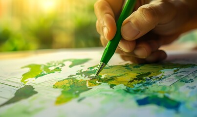 Leinwandbilder - Mapping Sustainable Practices, A Hand-Detailed Green Supply Chain on World Map