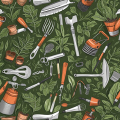 gardening tools and plants cartoon style 