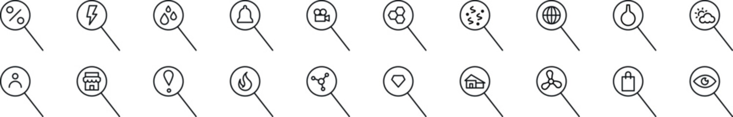 Poster - pack of linear symbols of magnifying glass. editable stroke. linear symbol for web sites, newspapers