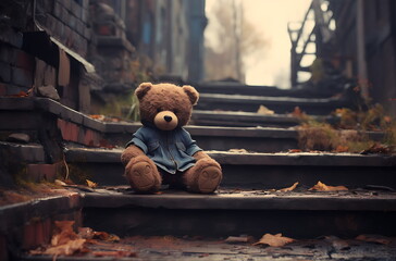 a brown teddy bear sits in a ruin, generative ai