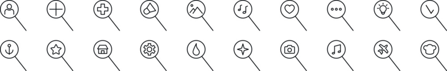 Poster - bundle of linear symbols of items in magnifying glass. editable stroke. linear symbol for web sites,