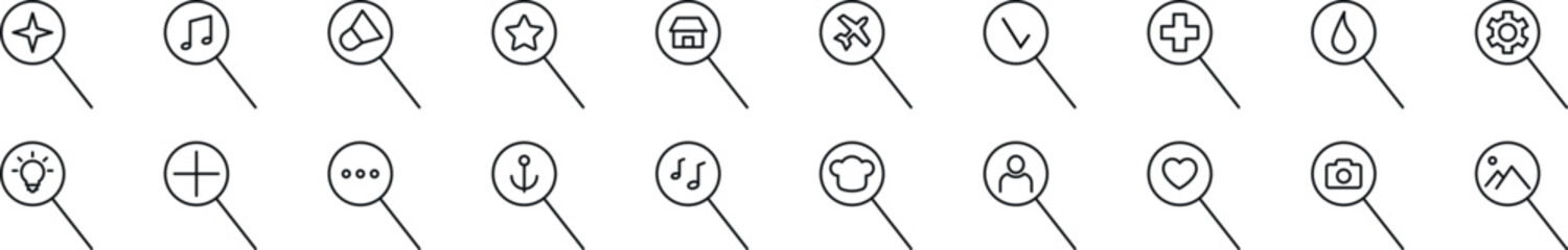 Poster - set of thin line icons of items in magnifying glass. editable stroke. simple linear illustration for