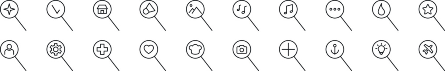 Poster - pack of line icons of items in magnifying glass. editable stroke. simple outline sign for web sites,