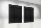 Fototapeta  - Two vertical frames Mockup hanging on wall. Mock up of billboards in modern concrete office interior 3D rendering