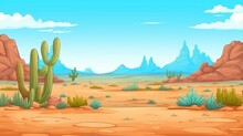 Cartoon Desert Cartoon With Rocky Formations, Cacti, And A Clear Blue Sky
