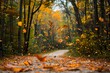 Vibrant autumn leaves falling in a forest with a winding path.