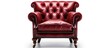 A red leather chair with armrests is placed on a white surface. The rectangular piece of furniture offers comfort with its material property and sits elegantly next to a wooden coffee table
