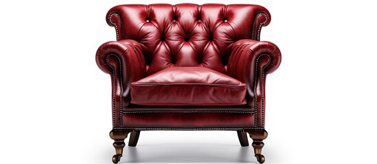 Poster - A red leather chair with armrests is placed on a white surface. The rectangular piece of furniture offers comfort with its material property and sits elegantly next to a wooden coffee table