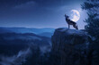 A lone wolf howling on a rocky cliff under the full moon, night sky backdrop, highlighting the wild spirit of the forest,hyper realistic, low noise, low texture, surreal