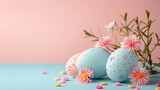Fototapeta Mapy -  Easter eggs on blank background with pastel colours, leaving ample space for text.