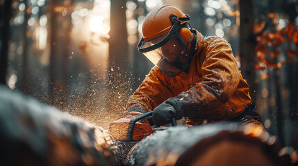 Wall Mural - Forest worker cuts a very thick tree in the forest with a chainsaw.