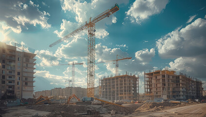 Poster - A construction site and a building under construction with clouds in the sky. Generative AI.