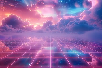 Wall Mural - retro wave grid, in the style of synthwave, space and clouds in the background. generative ai.