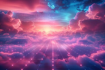 Wall Mural - retro wave grid, in the style of synthwave, space and clouds in the background. generative ai.