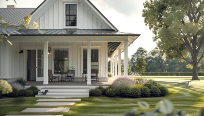 Poster - Suburban porch, modern farmhouse style, raised windows, minimalist. Generative AI.