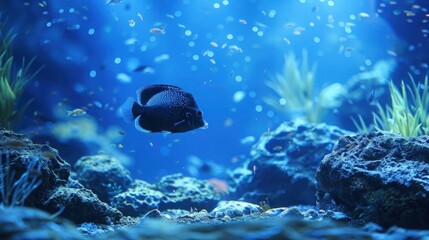 Wall Mural - Sleek colorful angelfish gliding over a rocky sea floor. Beautiful sea scene in an aquarium