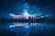 Skyline silhouette with reflective water surface and smoke under a starry night