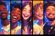 Five young people smiling, with each person in their own vertical panel with different colors and lighting effects. 