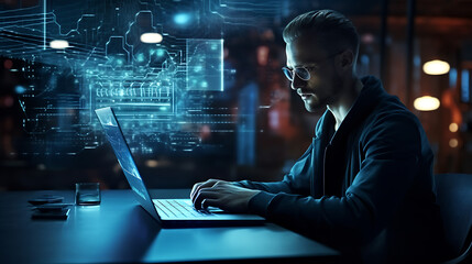 Digital technology concept. Man programmer working  On laptop