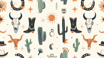 A collection of cowboy western boho cactus warm earthy colors modern patterns with assets like sun, snake, cowboy boots, bull skull, horseshoes and more.