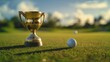 Golf champion award cup placed in golf course