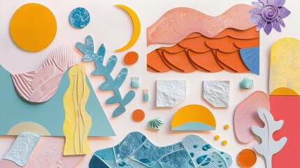 Wall Mural - These cut-out geometric shapes are drawn in a naive style on a transparent background. A modern illustration with a texture. Waves, crowns, moons, and organic shapes are included.