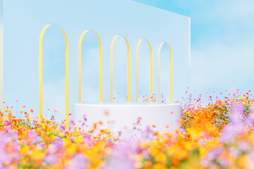 Poster - Natural beauty podium backdrop with spring flower field scene. 3d rendering.