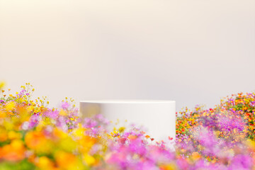 Poster - Natural beauty podium backdrop with spring flower field scene. 3d rendering.