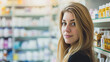 blond young woman in front of the blurry shelves with medications , with empty copy space
