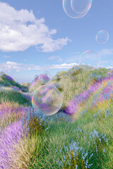 Leinwandbilder - Abstract spring flower landscape scene with water bubble. 3d rendering.