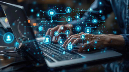 Ai, Artificial Intelligence, IoT Internet of Things concept. Business man using laptop computer on innovation technology icons on virtual screen