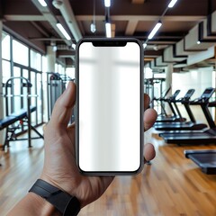 Poster - Smartphone with blank transparent screen in hand at the gym. Generative AI.