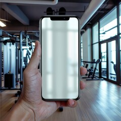 Poster - Smartphone with blank transparent screen in hand at the gym. Generative AI.