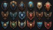 Sets of military game ranking badges with star insignia. Modern illustrations of awards with stone, iron, silver, gold textures. Bird-shaped level achievement icons.