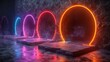 © Mark - An illustration of holographic round square gates glowing in yellow, red, purple, and blue on a transparent background. Virtual reality, cyber space podium.