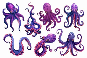 Sticker - Modern cartoon set of monster arms, purple and pink giant octopus tentacles with suckers. Hands and legs of Cthulhu isolated on a white background.