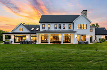 A beautiful two story modern farmhouse home with white paint and black trim, large open concept living room with a dark blue grey metal roof