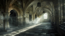Sunbeams Pierce Through An Old Cathedral Window, Casting A Mystical Glow Over The Historical Stone Architecture.