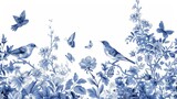 A modern horizontal card featuring flowers, birds, and butterflies. In blue and white.