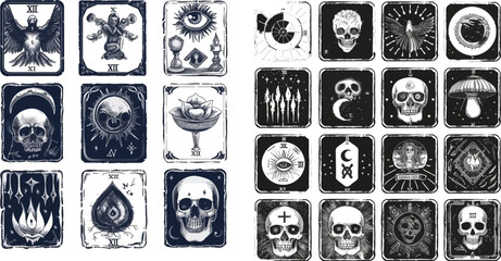 Wall Mural - Vintage hand drawn mystic tarot cards, skull, lotus and evil eye magical symbols