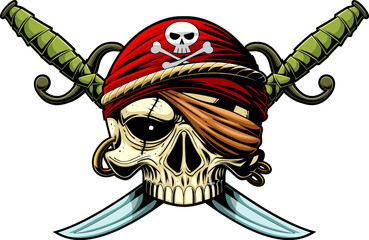 Wall Mural - Pirate Skull With Two Sabres Graphic Logo Design. Vector Hand Drawn Illustration Isolated On Transparent Background