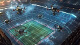 Fototapeta Uliczki - A swarm of high-tech drones equipped with cameras flies above a sports stadium, capturing live event footage. Drones Flying Over Stadium During Sporting Event

